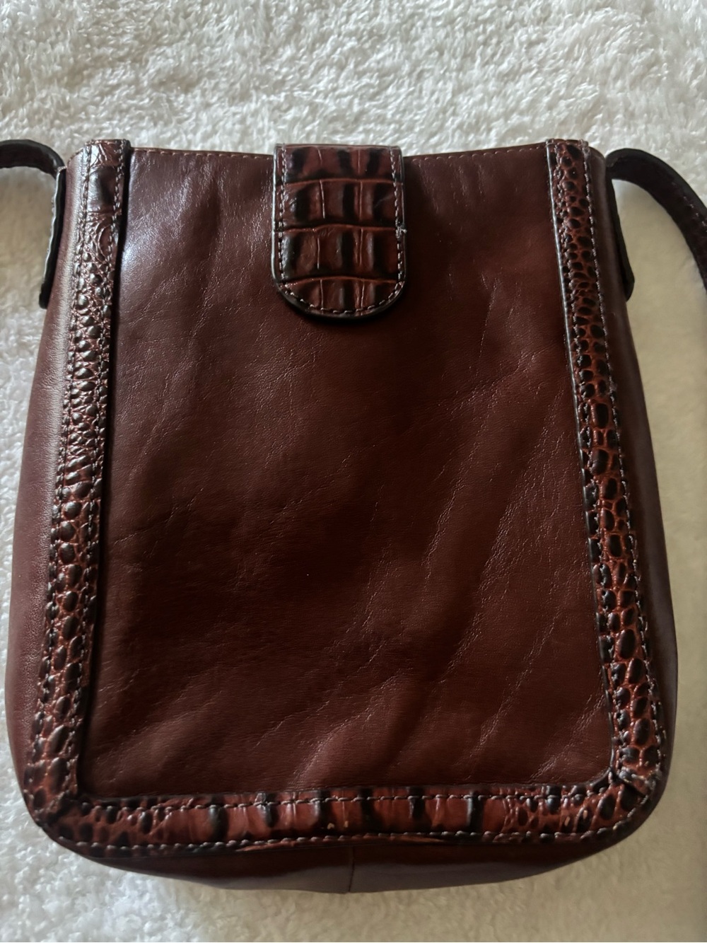 Vintage Brahmin Leather Croc Trim Bucket Crossbody Bag Brown EUC - Picture 2 of 10